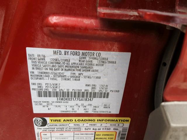 1FMDK02177GA18347 - 2007 FORD FREESTYLE RED photo 10