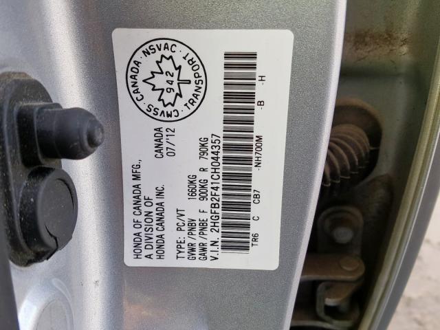 2HGFB2F41CH044357 - 2012 HONDA CIVIC LX SILVER photo 10