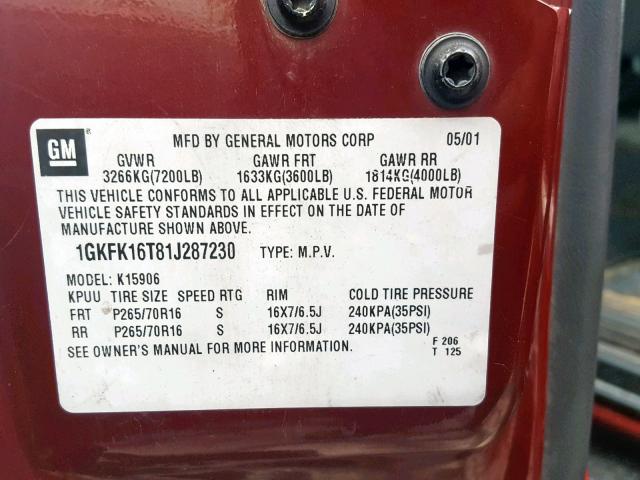 1GKFK16T81J287230 - 2001 GMC YUKON XL K RED photo 10