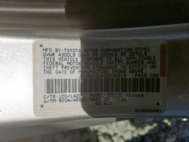 JTHBD192420034919 - 2002 LEXUS IS 300 SILVER photo 10