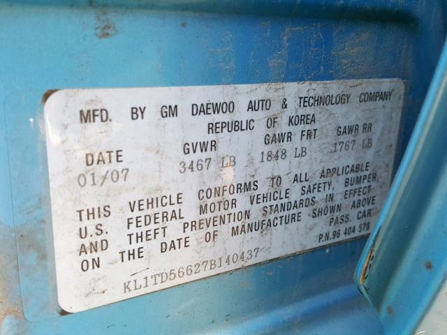 KL1TD56627B140437 - 2007 CHEVROLET AVEO BASE Көк фото 10