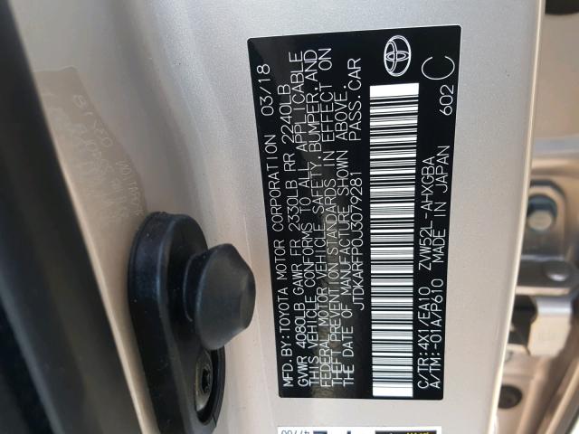 JTDKARFP0J3079281 - 2018 TOYOTA PRIUS PRIM 白色 照片 10