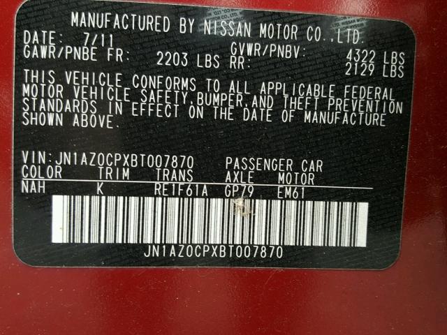 JN1AZ0CPXBT007870 - 2011 NISSAN LEAF SV RED photo 10