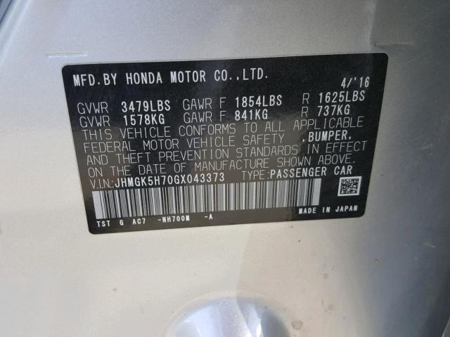 JHMGK5H70GX043373 - 2016 HONDA FIT EX SILVER photo 10