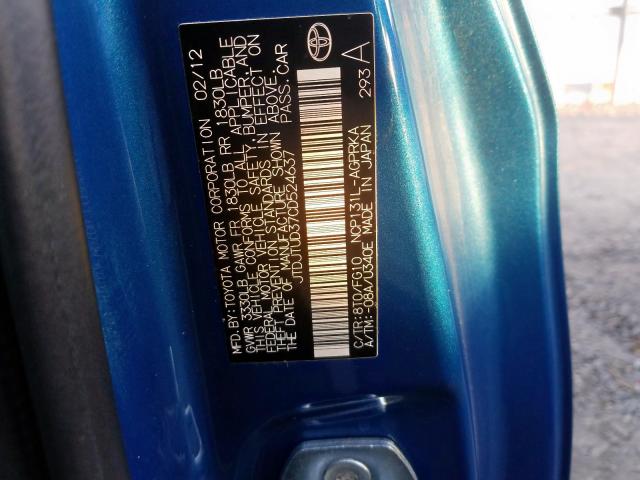 JTDJTUD37CD524637 - 2012 TOYOTA YARIS BLUE photo 10