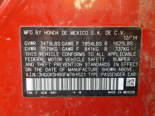 3HGGK5H80FM764521 - 2015 HONDA FIT EX RED photo 10