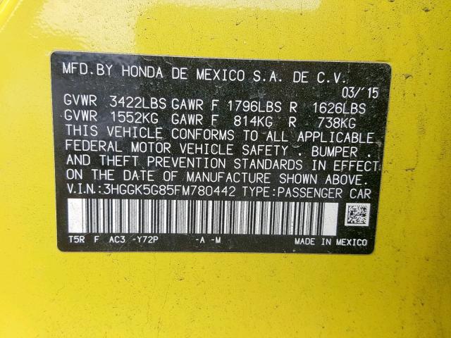 3HGGK5G85FM780442 - 2015 HONDA FIT EX YELLOW photo 10