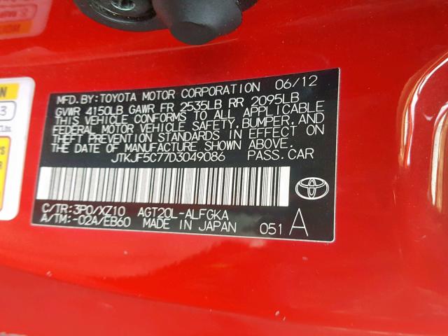 JTKJF5C77D3049086 - 2013 TOYOTA SCION TC 红色 照片 10