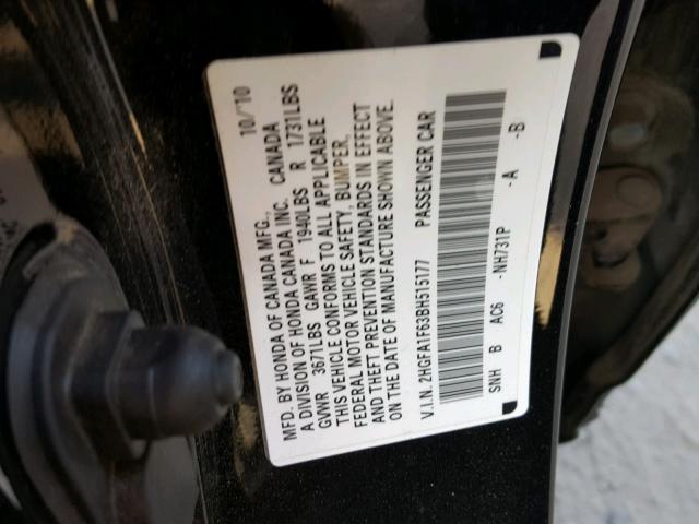 2HGFA1F63BH515177 - 2011 HONDA CIVIC LX-S Қара фото 10