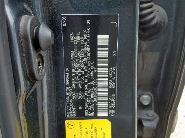 JTJHW31U660018478 - 2006 LEXUS RX 400 CHARCOAL photo 10