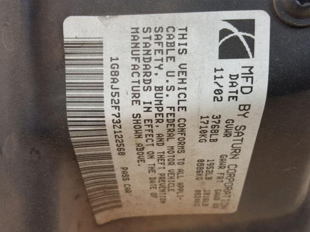 1G8AJ52F73Z122560 - 2003 SATURN ION LEVEL GREEN photo 10