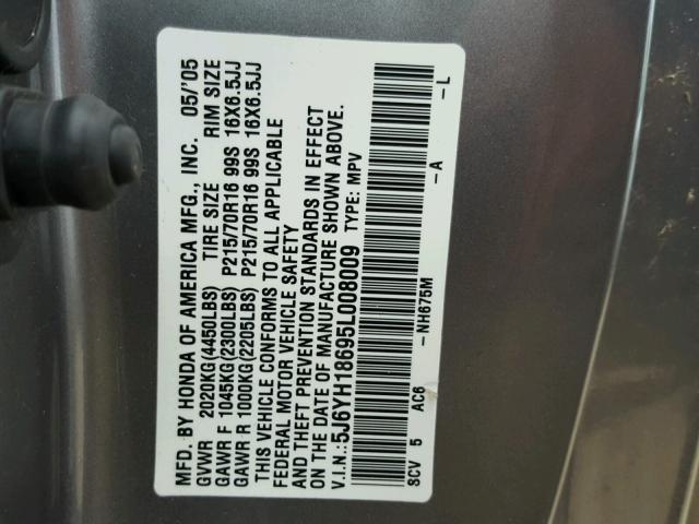 5J6YH18695L008009 - 2005 HONDA ELEMENT EX GRAY photo 10