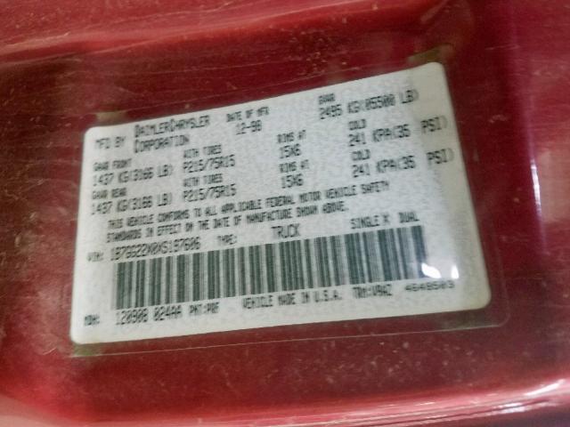 1B7GG22X0XS197606 - 1999 DODGE DAKOTA RED photo 10