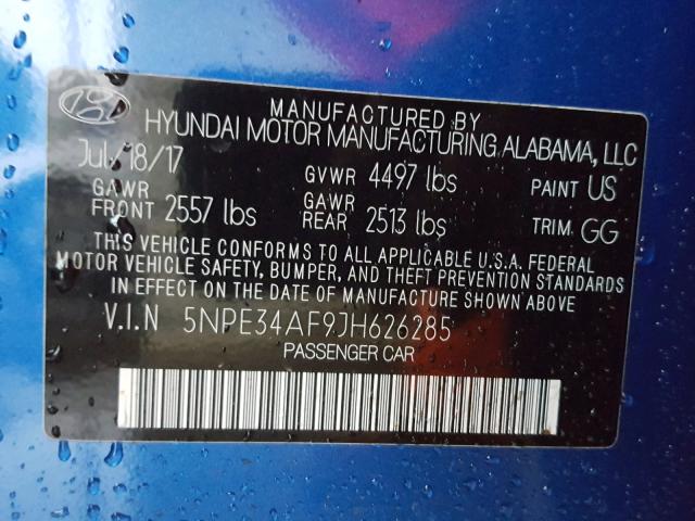 5NPE34AF9JH626285 - 2018 HYUNDAI SONATA SPO BLUE photo 10