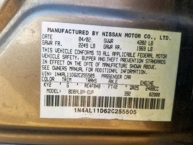 1N4AL11D62C255505 - 2002 NISSAN ALTIMA BAS BEIGE photo 10