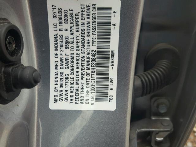 19XFC1F7XHE208482 - 2017 HONDA CIVIC EXL SILVER photo 10