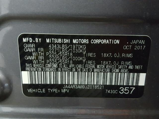 JA4AR3AW9JZ018521 - 2018 MITSUBISHI OUTLANDER GRAY photo 10