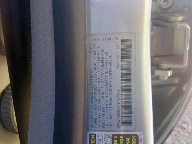 WVWPD63B04E137502 - 2004 VOLKSWAGEN PASSAT GLS SILVER photo 10