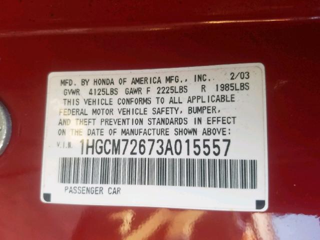 1HGCM72673A015557 - 2003 HONDA ACCORD EX RED photo 10