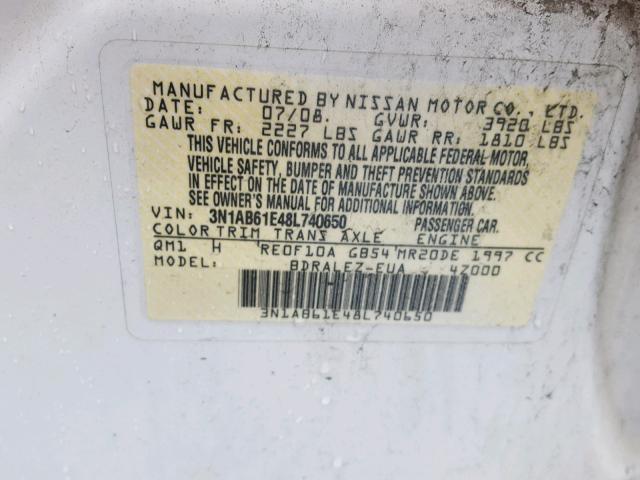 3N1AB61E48L740650 - 2008 NISSAN SENTRA 2.0 WHITE photo 10