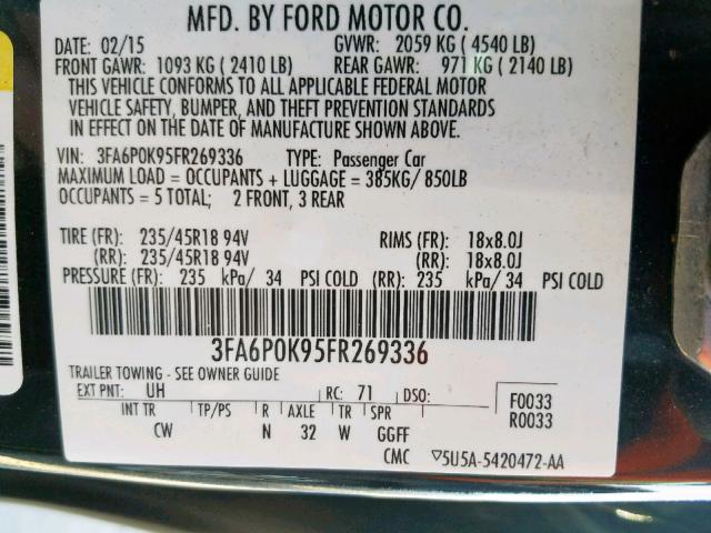 3FA6P0K95FR269336 - 2015 FORD FUSION TIT BLACK photo 10