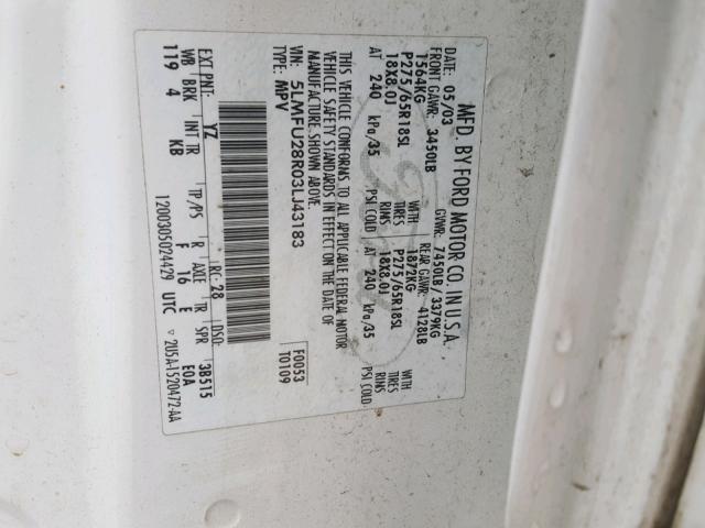 5LMFU28R03LJ43183 - 2003 LINCOLN NAVIGATOR 白色 照片 10