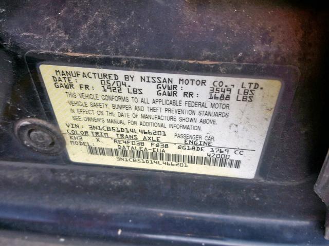 3N1CB51D14L466201 - 2004 NISSAN SENTRA 1.8 BLACK photo 10