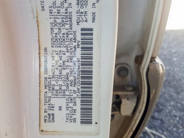 JTJHF10U530294197 - 2003 LEXUS RX 300 WHITE photo 10