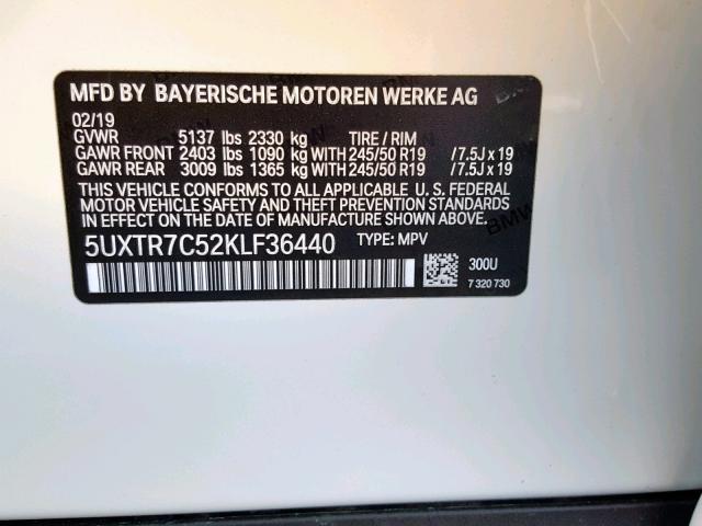 5UXTR7C52KLF36440 - 2019 BMW X3 SDRIVE3 WHITE photo 10
