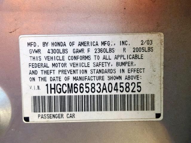 1HGCM66583A045825 - 2003 HONDA ACCORD SILVER photo 10