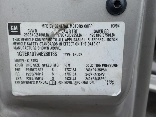 1GTEK19T94E286183 - 2004 GMC NEW SIERRA GRAY photo 10