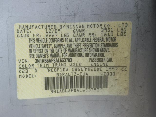 3N1AB6AP8AL653793 - 2010 NISSAN SENTRA 2.0 SILVER photo 10