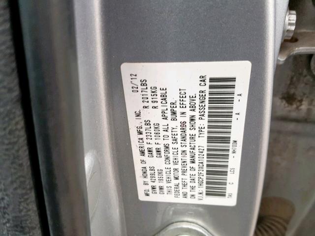 1HGCP2F3XCA102427 - 2012 HONDA ACCORD LX SILVER photo 10