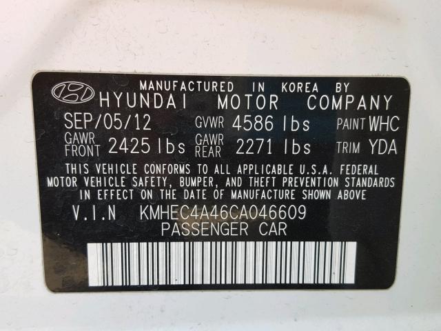 KMHEC4A46CA046609 - 2012 HYUNDAI SONATA HYB WHITE photo 10