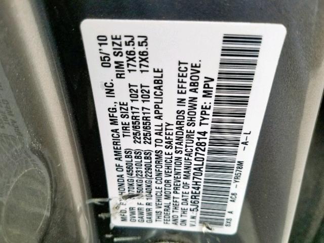 5J6RE4H70AL072814 - 2010 HONDA CR-V EXL GRAY photo 10