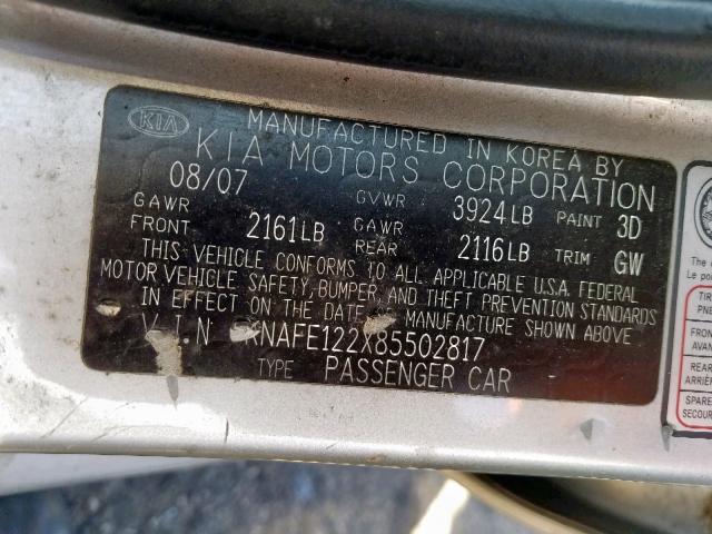 KNAFE122X85502817 - 2008 KIA SPECTRA EX SILVER photo 10