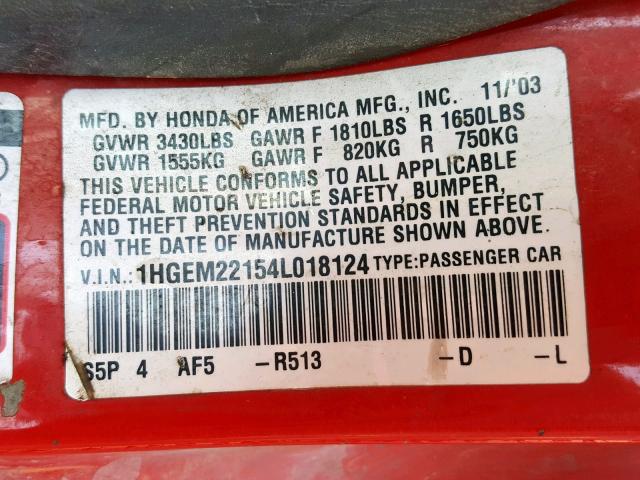 1HGEM22154L018124 - 2004 HONDA CIVIC DX V RED photo 10