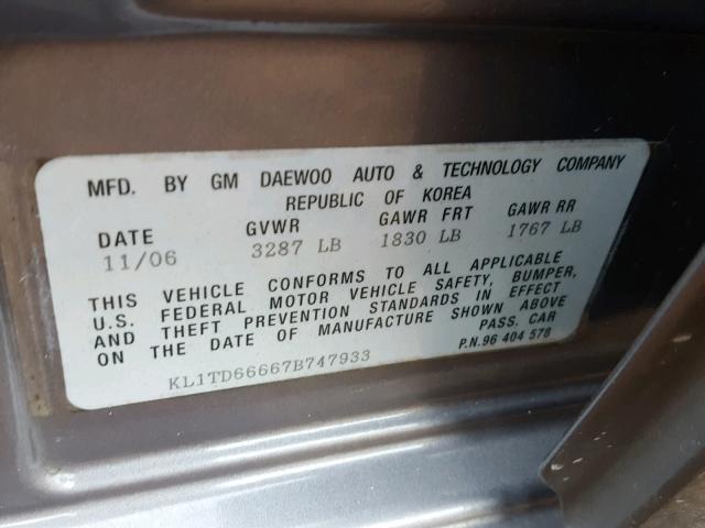 KL1TD66667B747933 - 2007 CHEVROLET AVEO BASE Boz foto 10