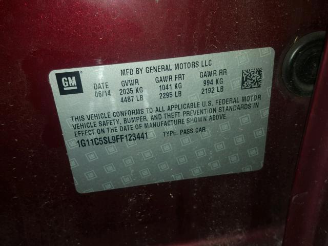 1G11C5SL9FF123441 - 2015 CHEVROLET MALIBU 1LT 栗色 照片 10