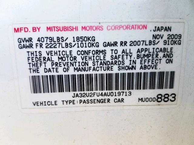 JA32U2FU4AU019713 - 2010 MITSUBISHI LANCER ES/ WHITE photo 10