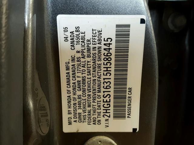 2HGES16315H586445 - 2005 HONDA CIVIC DX V SILVER photo 10