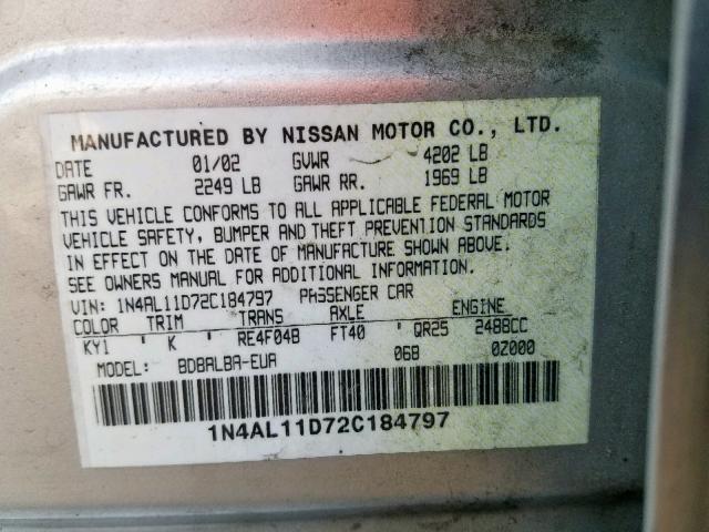 1N4AL11D72C184797 - 2002 NISSAN ALTIMA BAS SILVER photo 10