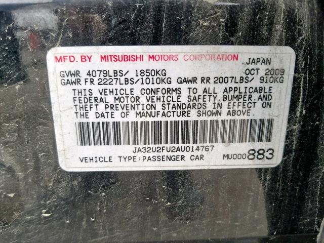 JA32U2FU2AU014767 - 2010 MITSUBISHI LANCER ES/ BLACK photo 10