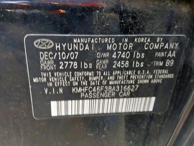 KMHFC46F38A316627 - 2008 HYUNDAI AZERA SE BLACK photo 10