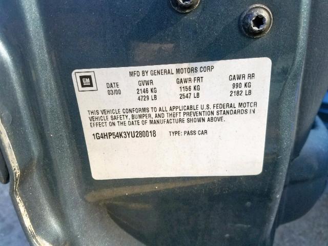 1G4HP54K3YU280018 - 2000 BUICK LESABRE CU BLUE photo 10