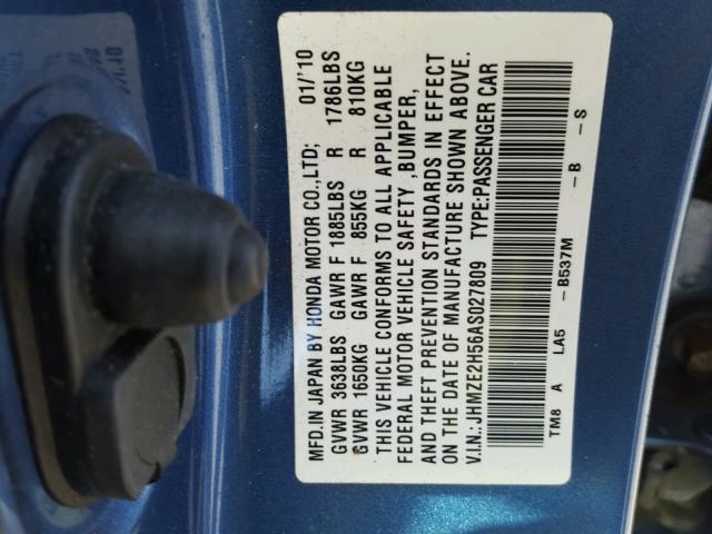 JHMZE2H56AS027809 - 2010 HONDA INSIGHT LX BLUE photo 10