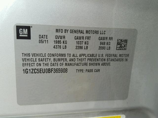 1G1ZC5EU0BF365908 - 2011 CHEVROLET MALIBU 1LT SILVER photo 10