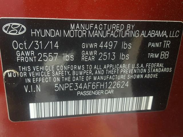 5NPE34AF6FH122624 - 2015 HYUNDAI SONATA SPO RED photo 10