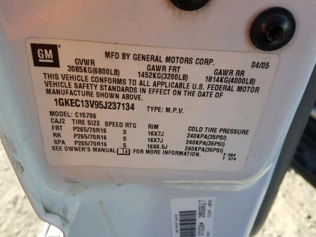 1GKEC13V95J237134 - 2005 GMC YUKON WHITE photo 10