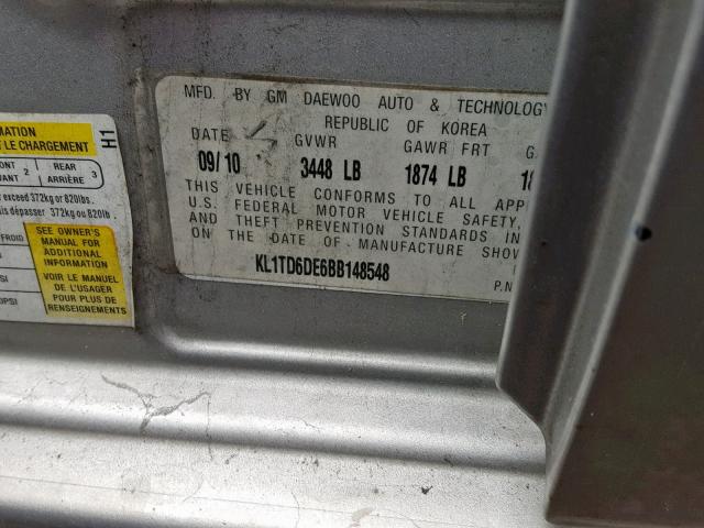 KL1TD6DE6BB148548 - 2011 CHEVROLET AVEO LS SILVER photo 10